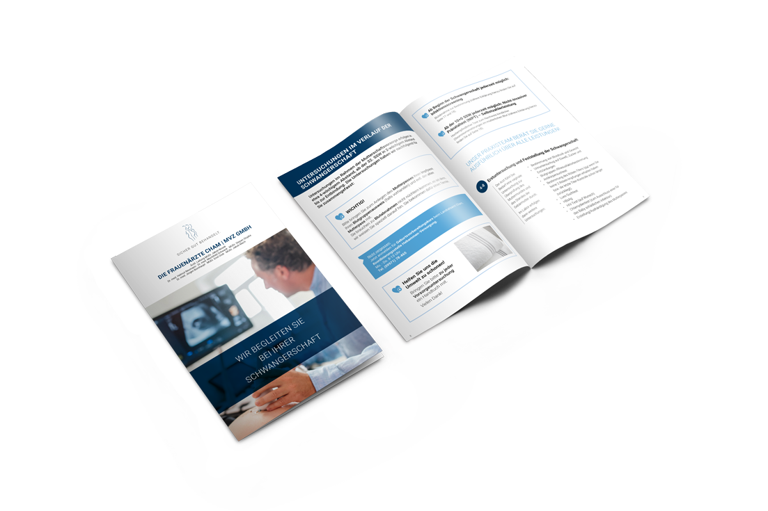 Broschüre Schwangerschaft Darstellung einer geöffneten und geschlossenen Broschüre zum Thema Schwangerschaft, gestaltet in Weiß- und Blautönen. Die geöffnete Broschüre zeigt Textabschnitte, Grafiken und ein Ultraschallbild.